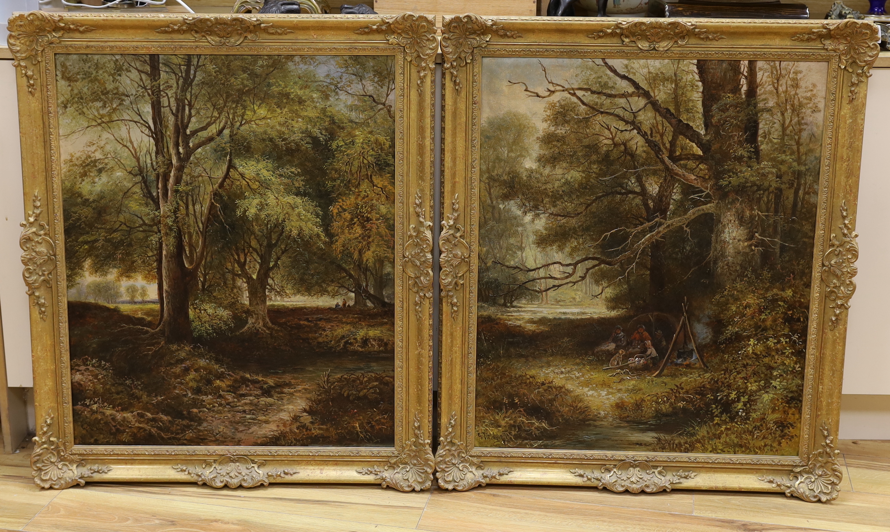 George Fielding (19th. C), pair of oils on canvas, Woodland encampments, each signed, 75 x 62cm